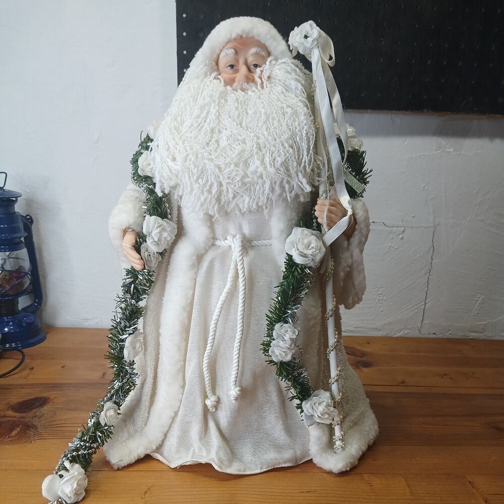 Victorian Santa Claus Tree Topper White Green Silver Gown 18” Tall 15” Wide